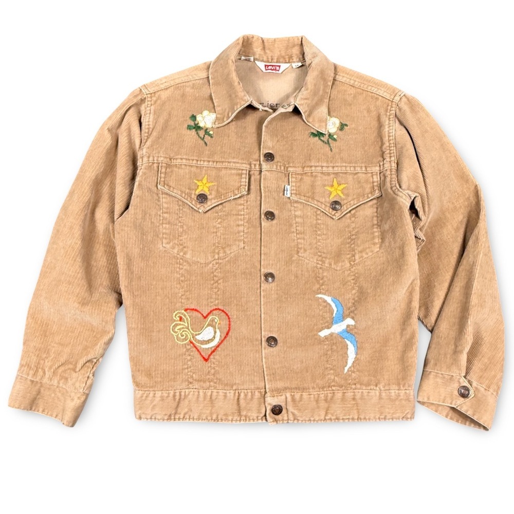 Levis OOAK Corduroy Trucker Jacket Girls 16 Women XS Boho Hand Embroidered Khaki - Picture 2 of 11